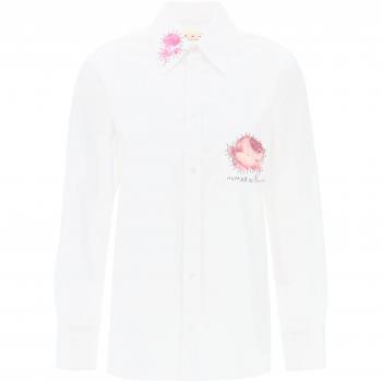 Marni Women's White Poplin Shirt with Flower Print Patches and Embroidered Logo - Size 42/S