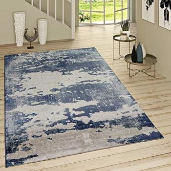 Alfombra Pelo Corto Look Desgastado Estampado Vaquero Moderna Gris Azul 80x300 cm