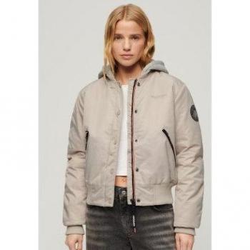 Cazadora Bómber con Capucha Beige para Mujer Superdry - Casual, Nylon, Manga Larga, Talla L
