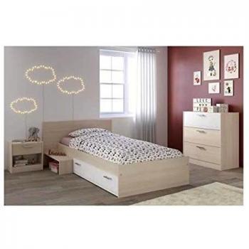 Cama Completa Infantil Moderna en Acacia Clara y Blanco - 90 x 190 cm