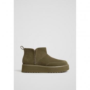 Stradivarius Khaki Faux Fur Leather Ankle Boots