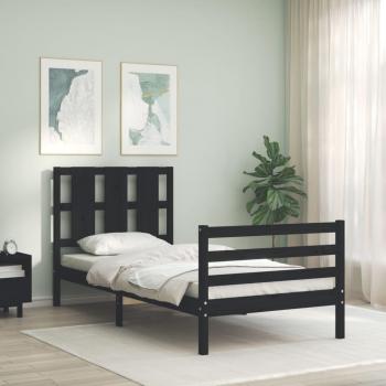 Cama de madera maciza con cabecero negro 90x200 cm