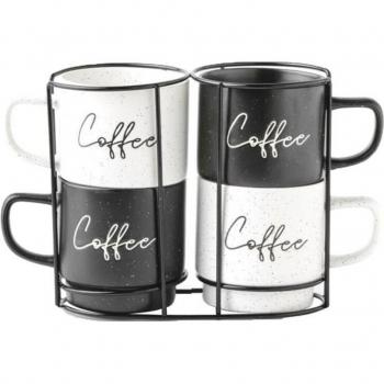 Juego de 4 Tazas Mug Home ESPRIT Blanco Negro Metal Porcelana 380 ml 13 x 9 x 9 cm