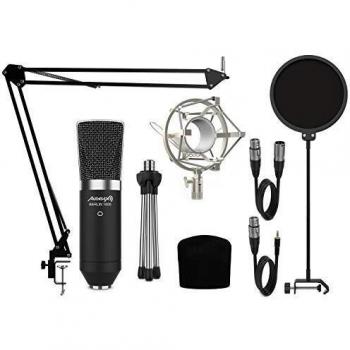 Audibax Berlin 1800 Silver Pro - Microfono de Condesandor de Estudio - Incluye Soporte, Anti-Pop y Cables - Respuesta en Frecuencia 20 Hz/20 KHz - Micrófono Patrón Polar Cardioide - Color Plata