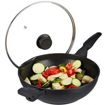 Sartén Wok Antiadherente de 30 cm con Tapa, 4 Litros, para Gas y Vitrocerámica, Aluminio Negro