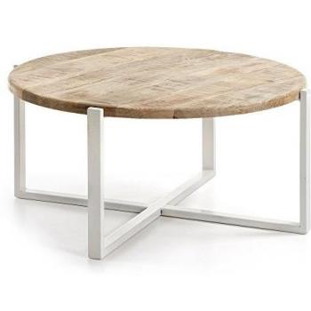 Kave Home - Mesa de Centro Mawenzi Redonda Ø 90 cm de Madera Maciza de Mango y Estructura de Acero en Blanco