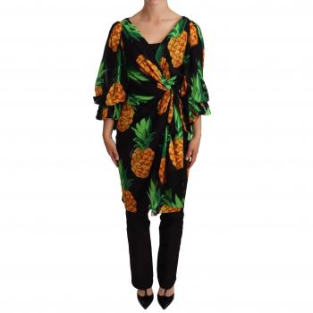 Dolce & Gabbana Black Ananas Print Wrap Stretch Silk Dress - IT36 | XS