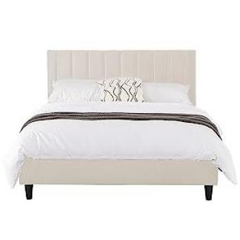 Cama de Terciopelo Beige 140x190 cm Cambridge con Estructura Plywood y Cabecero Efecto Capitonné
