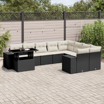 vidaXL 10-Piece Black Poly Rattan Garden Sofa Set with Cushions