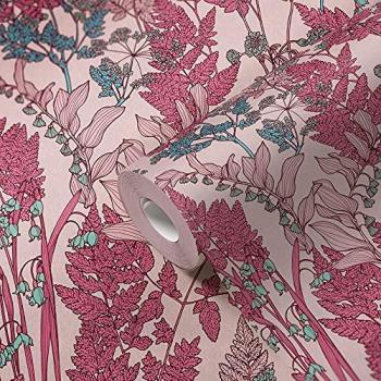 Papel Pintado Vlies Floral Impresión, Diseño Botánico Rosa y Azul, 0.53 x 5.33 m, Ideal para Habitaciones Juveniles y Comedores
