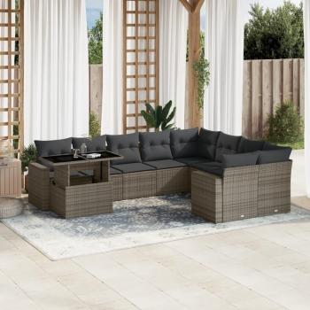 10-Piece Grey Poly Rattan Garden Sofa Set with Cushions