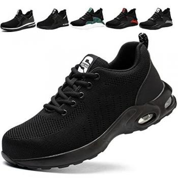 Zapatos de Seguridad para Hombre Mujer Ligero Zapatillas de Seguridad con Colchón Transpirable Comodo Zapatos de Trabajo con Punta de Acero 92 Negro Puro EU 42
