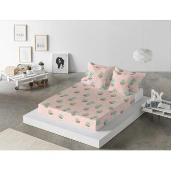 Sábana encimera de algodón con estampado de cactus en tonos salmón, fabricada en España.