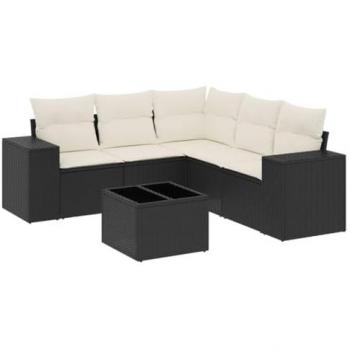6-Piece Black Poly Rattan Garden Sofa Set with Cushions