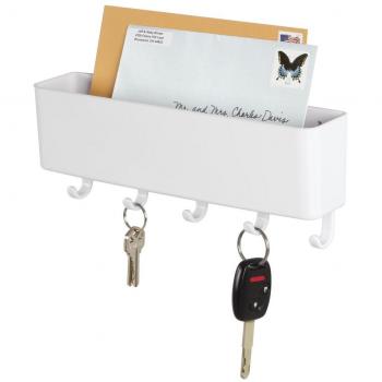 mDesign Colgador de llaves con repisa - Estante de pared para ordenar llaves con 5 ganchos - Moderno cuelga llaves con organizador de cartas, lentes, celulares y más - blanco