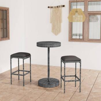 3-Piece Grey Poly Rattan Garden Bar Set with Cushions