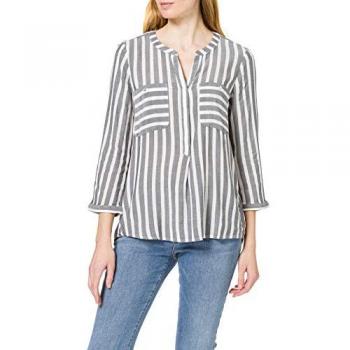 Tom Tailor Blusa de Mujer de Manga Larga Rayas Azul y Offwhite Verticales, Talla 42