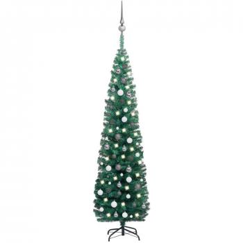 Árbol de Navidad artificial estrecho con LEDs y bolas verde 210 cm