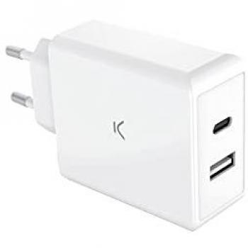 Cargador de Pared KSIX Blanco 45W - Carga Rápida, USB-C, Power Delivery, PPS, Compatible portátil y móvil, 1xUSB-A + 1xUSB-C