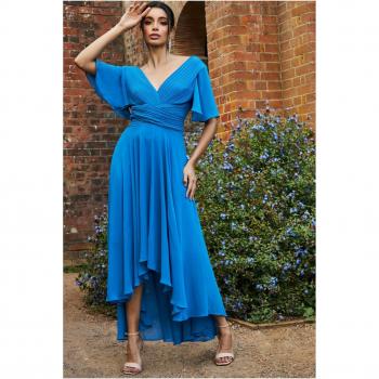 Goddiva Pleated Chiffon High Low Midi Dress - Atlantic Blue, Size 8 UK