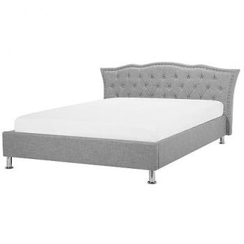 Cama Matrimonial de Tela Gris 140x200 cm con Cabecera Tapizada y Botones de Cristal - Modelo Metz