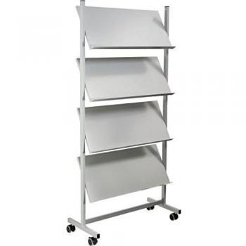 Estantería móvil de metal para folletos, 4 estantes para 12 x DIN A4, color plata, con ruedas bloqueables, medidas: 360 x 750 x 1570 mm