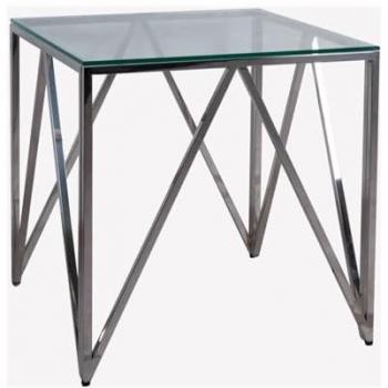 Mesa Auxiliar Cuadrada Chloe de Acero Inoxidable y Cristal, 55x55x55 cm, Color Plateado