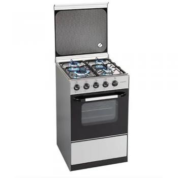 Cocina a gas Jocel 4 quemadores con horno de 54 litros y tapa de cristal, Plata