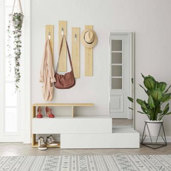 Consola de entrada multifuncional Himalia, almacenamiento para perchas, 137x35h55 cm, blanco y roble