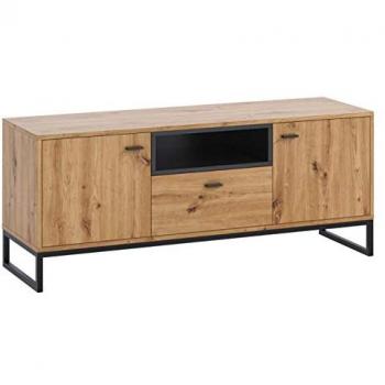 Mesa de TV Providence J102, Roble Artisan y Negro, 135x55x40cm, con 2 puertas y 1 cajón