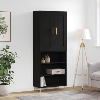 Aparador alto de madera contrachapada negro 69,5x34x180 cm con 3 estantes, armarios con puertas, cajón de madera, buffet para salón moderno, armario auxiliar y armario de almacenamiento