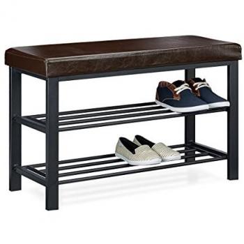 Banco Zapatero Recibidor con Asiento Acolchado, 6-8 Pares, Metal y Cuero Sintético, 2 Pisos, 49x81x31 cm, Marrón - Relaxdays