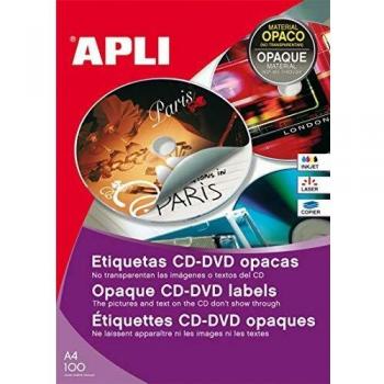 APLI 10166-Etiquetas CD/DVD permanentes tamaño clásico dorso opaco 100 hojas I/L/C