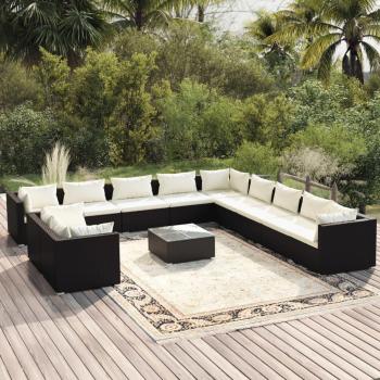 12-Piece Black Poly Rattan Garden Lounge Set with Cushions