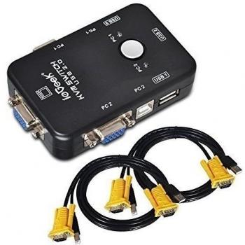 ieGeek Switch KVM Box Caja Conmutador 3 Puertos de USB-A 2 Conectores de USB-B 2 Entradas de VGA y cada dos Cable de Tipo-A Tipo-B y VGA de Calidad Alta Para Monitor de PC, Teclado, Control de Ratón, Impresora, Escáner y mucho más, Negro