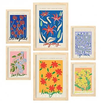 Set de 6 Pósters Florales con Estética Collage para Decoración Interior - Tamaños A3 y A4 con Marco de Madera Clara