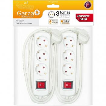 Garza Power - Pack de 2 Regletas con 3 Tomas Schuko, Interruptor y Cable de 1.4 Metros, Color Blanco