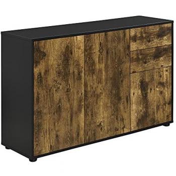 Cómoda Multiusos Paarl con 2 Cajones Push-to-Open y 3 Puertas - Aglomerado Efecto Roble Oscuro y Negro - 74 x 117 x 36 cm
