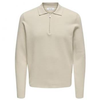 Polo de manga larga 1/2 cremallera para hombre ONLY & SONS ONSCOOPER REG LS, color beige (Silver Lining), talla S, tejido suave (52% Viskosa, 28% Poliéster
