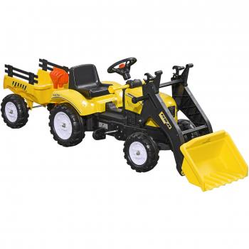 HOMCOM Tractor a Pedales para Niños de 3 Años Excavadora Infantil con Remolque Extraíble y Pala Delantera 167x41x52 cm Amarillo