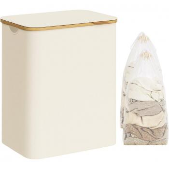 Cesto de Ropa Sucia con Tapa y 2 Secciones - Gran Cesta de Colada de 130L, Plegable, Forro de Malla Extraíble, Tejido Oxford, Asas de Bambú,