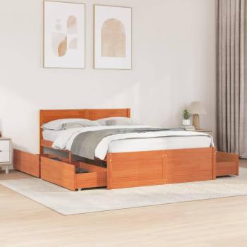 Cama sin Colchón Cera Marrón 140x190 cm en Madera de Pino con cajones