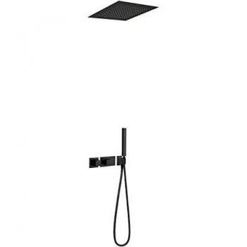 Kit de ducha termostático empotrado Block System, 2 vías, rociador ducha inox a techo 380x380 mm, volante, 38 x 38 x 14,1 centímetros, color negro mate