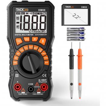 Multímetro Digital, Tacklife DM08 Polimetro 2000 Counts para Prueba de batería de 1.5V/ 6 V/ 9V/ 12V y corriente y voltaje AC/DC. Tester Electrico con Voltímetro, Amperímetro, Multi Tester función de