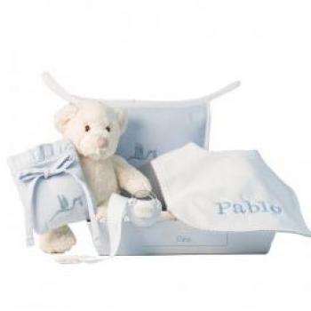 Canastilla Bebé de París con babero y chupete personalizables en color azul