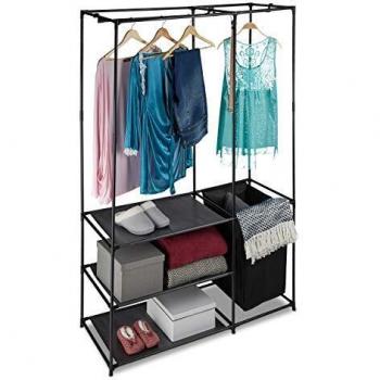 Armario Abierto Relaxdays con Cesto para Ropa Sucia, Perchero Autoportante con Estantes, Metal, 180 x 115 x 50 cm, Negro