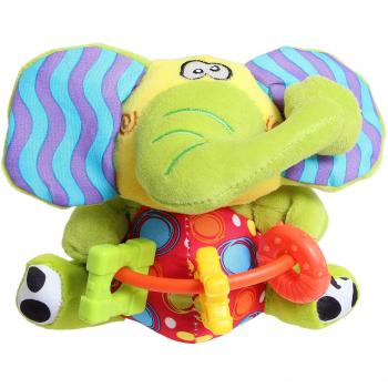Playgro Sonajero de Peluche Elefante, Con Anillos de Dentición, Sin BPA, Desde los 3 Meses, Zany Zoo Playmate Elephant, Verde/Amarillo, 40128