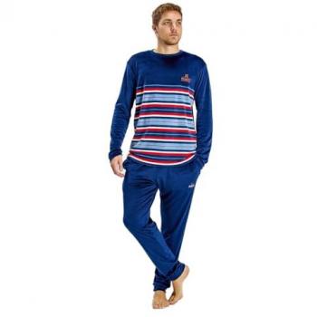 Pijama completo largo de hombre de punto azul terciopelo MU3, manga larga, cuello redondo, ideal para invierno
