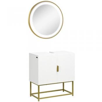 Kleankin Conjunto de baño bicolor con mueble para debajo del lavabo, dimensiones 60 x 30 x 65 cm, patas de acero, espejo de baño con luz LED e interruptor táctil, diámetro del espejo Ø60
