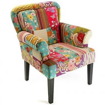 Versa Pink Patchwork Butaca Orejera para Salón o Dormitorio. Sillón Lectura Diseño Vintage, Chesterfield con Apoyabrazos, Medidas
